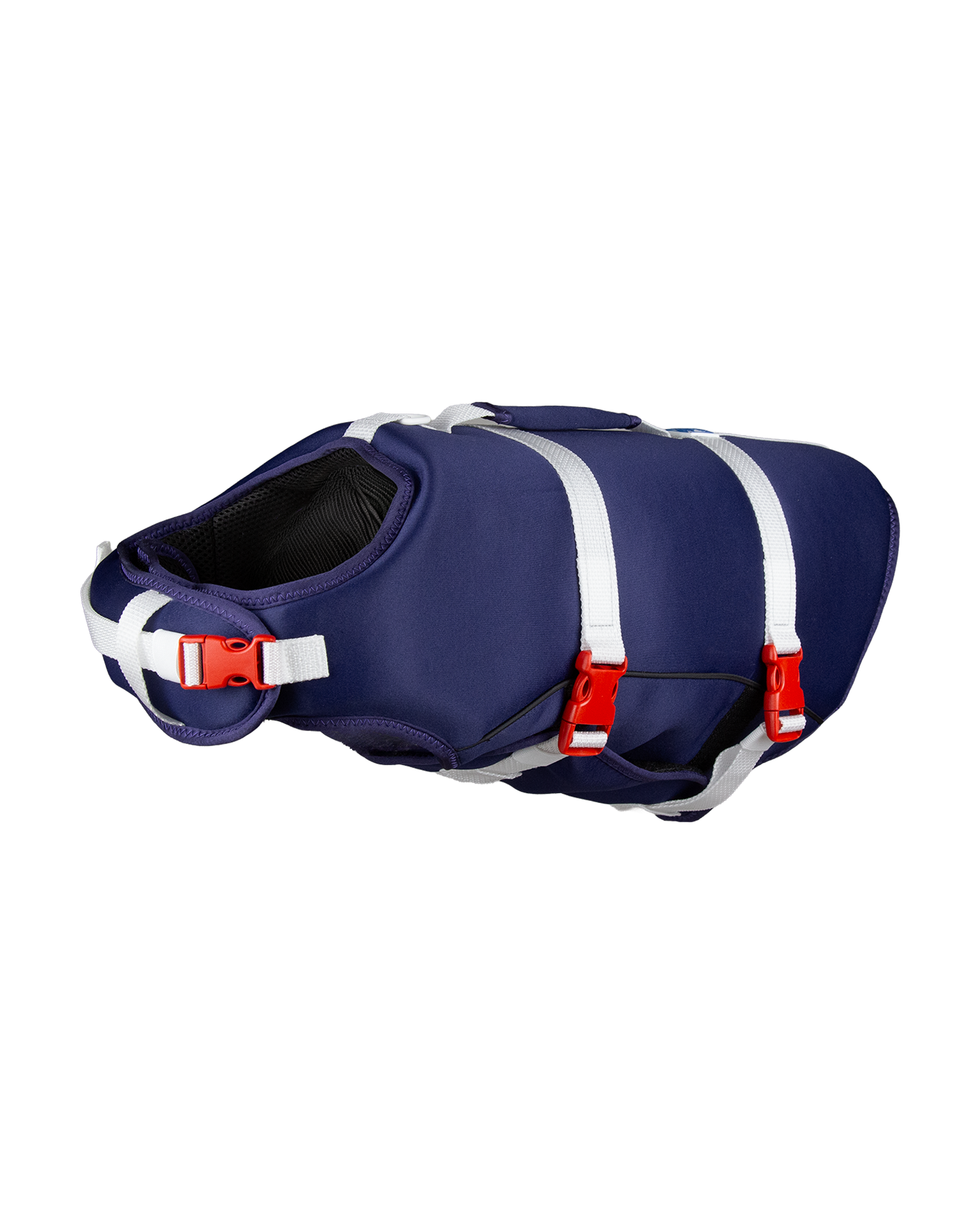 Navy blue dog life jacket with white and red straps on a white background