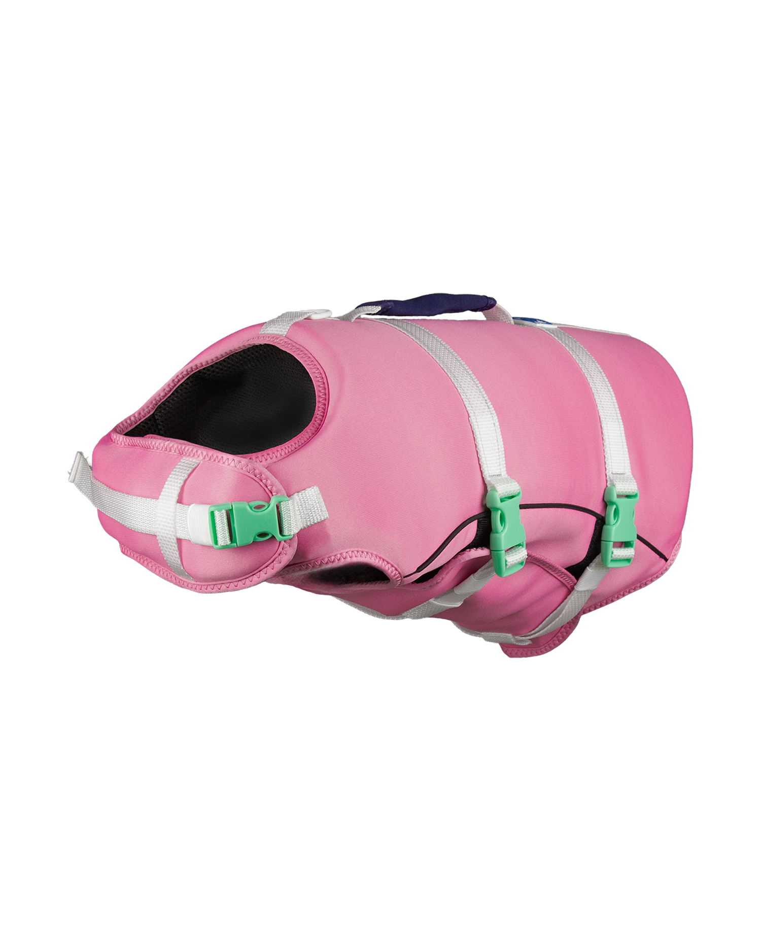 Pink dog life jacket with green straps on a white background